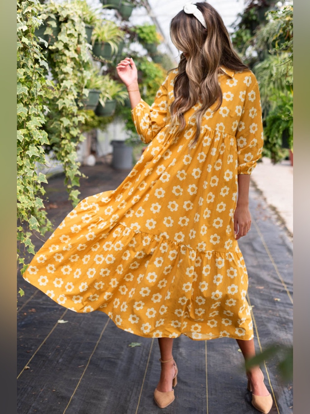 Mustard Yellow Floral Button-Front Tiered Maxi Dress